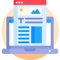 Blogging Flat style icon of a laptop displaying a webpage layout with header, text, and image elements symbolizing blogging